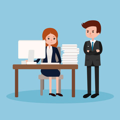 Obraz premium Boss angry at employee.Vector illustration isolated on blue background