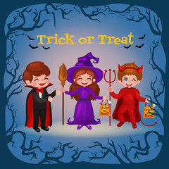 Happy Halloween. Set of cute cartoon children in colorful halloween costumes: Dracula, devil , witch , 