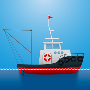 Tugboat. Fisherman ship. Cartoon style. Marine theme. Funny picture. Vector Image.
