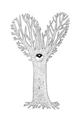 Magic Tree. Two little birds in the hollow.