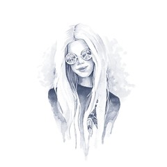 Boho girl. Watercolor painting. Black and white illustration
