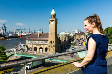 Girl in front of the St-Pauli Landing Piers in Hamburg