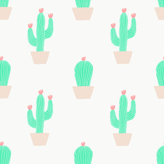 Fototapeta premium Seamless pattern with cactus and flowers in green and pink on cream background.