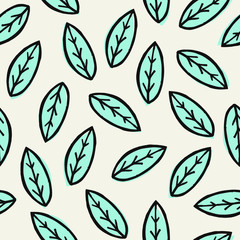 Seamless pattern with hand drawn leaves in black and green on cream background.