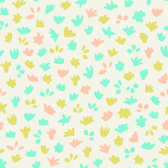 Floral seamless pattern in green, blue and pink on cream background.