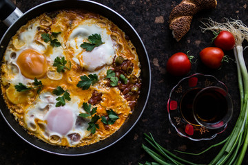 Turkish Breakfast Menemen / Omelette (Fried Eggs) with Tea.