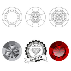 Set of zinnia cut jewel views isolated on white background - top view, bottom view, realistic ruby, realistic diamond and badge. Can be used as part of logo, icon, web decor or other design.