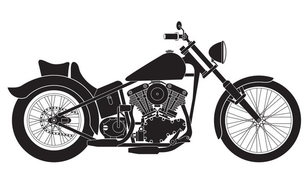 Motorcycle icon or sign. Black detailed silhouette of bike isolated on white background. Vector illustration.