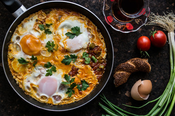 Turkish Breakfast Menemen / Omelette (Fried Eggs) with Tea.