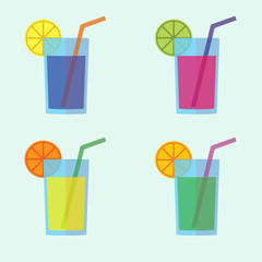 Cocktail icon set in flat design. Colorful glass collection with lemon and straw. Vector illustration.