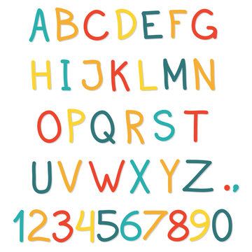 Alphabet. Hand drawn letters and numbers isolated on white background. Colorful vector illustration.