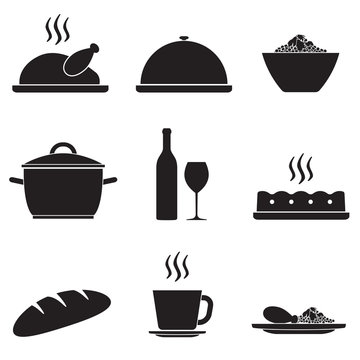 Dinner and cooking icon set isolated on white background. Vector illustration of turkey dinner.