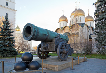 Tsar Cannon and the orthodox dome Assumption Cathedral in the Moscow Kremlin, Russia