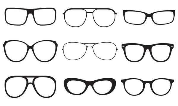 Glasses set. Sunglasses silhouettes isolated on white background. Vector illustration.