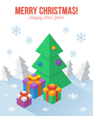 Vector axonometric Christmas greeting card in flat style