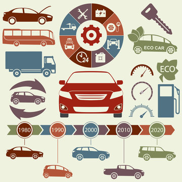 Car and auto service Infographics elements. Transportation icons and symbols. Vector illustration.