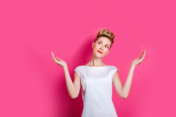 Pretty woman ion the bright pink wall backdrop concept