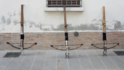 Series of three crossbows used for a folk medieval festival on Italy