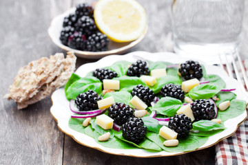 Seasonal  leaf salad with cheese and blackberries