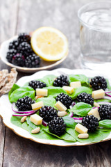 Seasonal  leaf salad with cheese and blackberries
