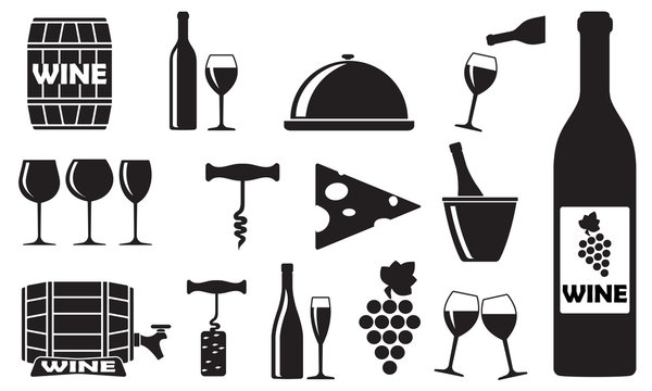 Wine icons set: bottle, opener, glass, grape, barrel. Design elements for restaurant, food and drink. Vector illustration.