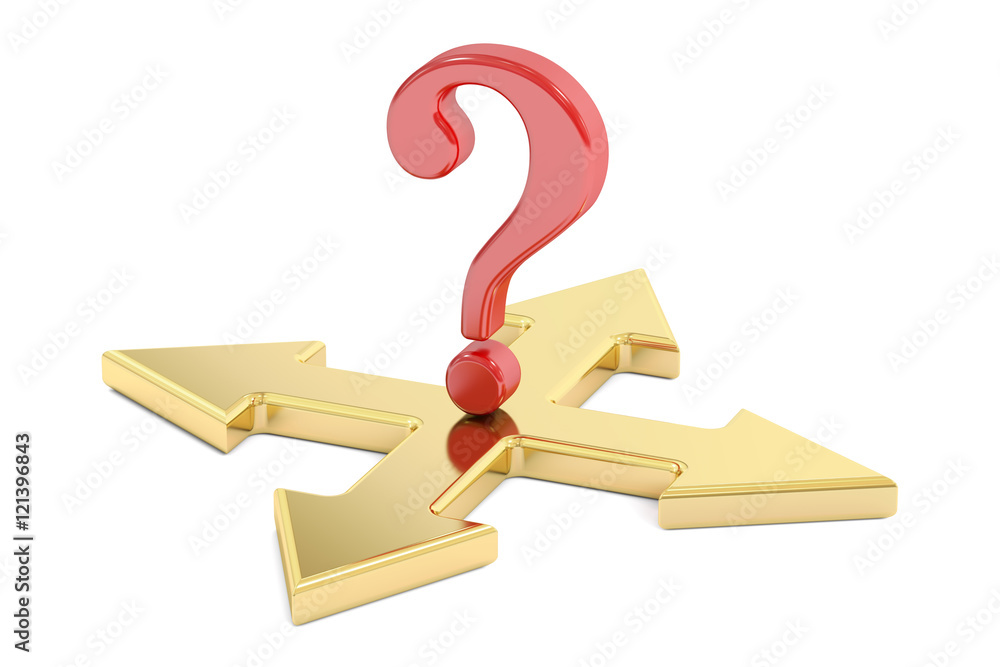 Poster choice concept with arrows and question mark, 3d rendering