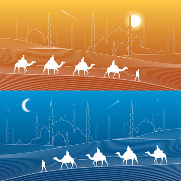 Caravan passes through the sand desert, dunes. Mosques and the tower on the horizon, white lines on blue  and orange background, day and night scene, vector design art 