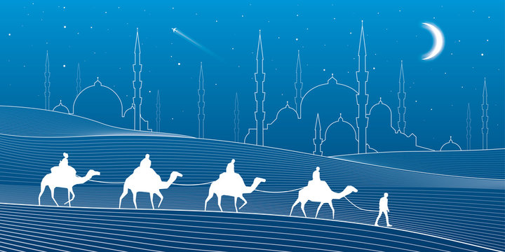 Caravan passes through the sand desert, dunes. Mosques and the tower on the horizon, white lines on blue background, night scene, vector design art 