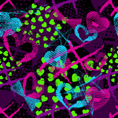 Abstract seamless pattern for girls,boys.Creative vector background with hearts, stars, geometric figures.Funny wallpaper for textile and fabric.Fashion style.Colorful bright Pink,yellow,purple