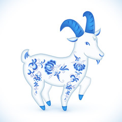 Blue vector cartoon goat in Russian gzhel style