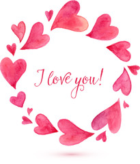 Watercolor painted pink vector hearts round frame