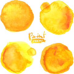 Yellow watercolor painted vector round stains set
