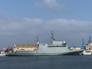 Helicopter carrier in a naval harbor in the Atlantic Ocean.