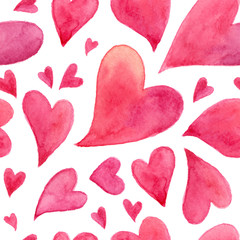 Pink watercolor painted hearts vector seamless pattern