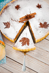 Traditional American Thanksgiving dessert - homemade pumpkin pie on white wooden rustic background. Selective focus. Vertical format.