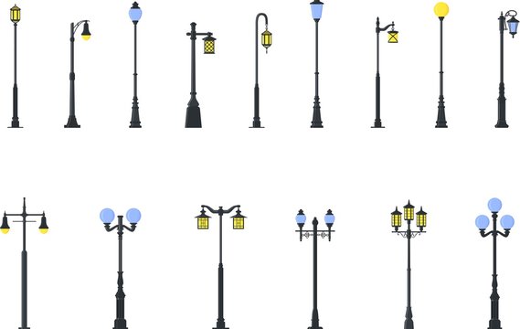 Set of different types of street lamps isolated on white background in flat style. Vector illustration.
