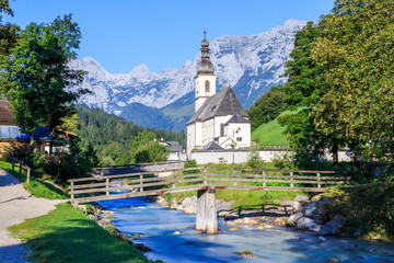 Fototapeta na wymiar Chirch St. Sebastian in Ramsau Bavaria in the morning long time