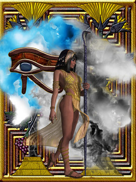 Egyptian Echoes of Time - Fantasy illustration of the Eye of Ra or Horus and an Egyptian queen with headdress and snake staff.