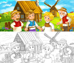 Beautifully colored scene with cartoon character - old man standing and talking to group of people - friends or family - windmill in the background - with coloring page - illustration for children