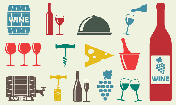 Wine icons set: bottle, opener, glass, grape, barrel. Design elements for restaurant, food and drink. Colorful vector illustration in flat style.