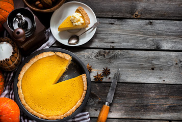 Pumpkin pie for Thanksgiving on old rustic background.