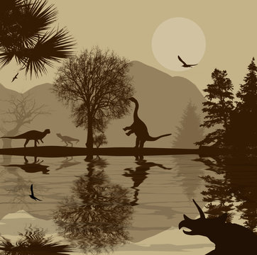 Dinosaurs silhouettes in beautiful landscape on retro style near water, vector illustration