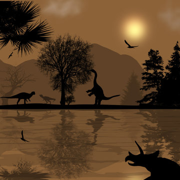 Dinosaurs silhouettes in beautiful landscape near water, vector illustration