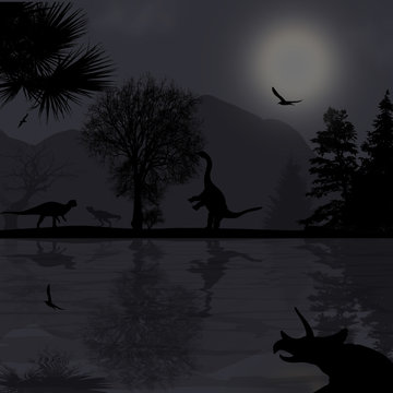Dinosaurs silhouettes in beautiful landscape at grey night near water, vector illustration