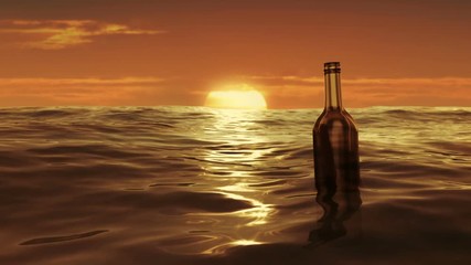 Drifting message in the bottle from right to left at sunset. Animation of floating bottle in ocean. (loop ready animation)