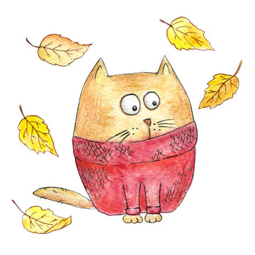 Cartoon cat in a knitted sweater with fallen leaves. Autumn illustration
