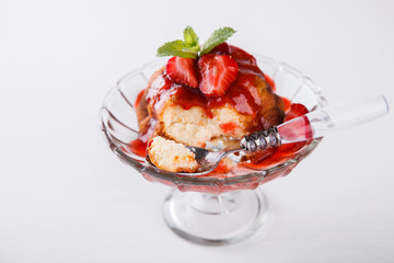 Cupcake cottage cheese with strawberry jam on white background.selective focus.