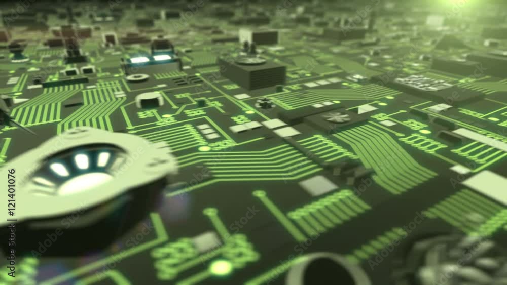 Poster seamless looping 3d animation of a illuminated futuristic circuit board rotating