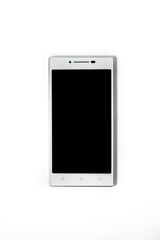 Front view of a rotated at a slight angle white modern mobile smart phone with blank black screen isolated on white background. High quality.