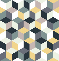 Seamless pattern of colorful cubes. Gray, yellow, multicolored cubic background. Cubical abstract pattern. Cube decoration. Cubic vintage background. Geometric pattern texture. Vector illustration.